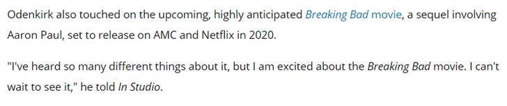电影版《绝命毒师》已拍摄完毕，2020年正式上映